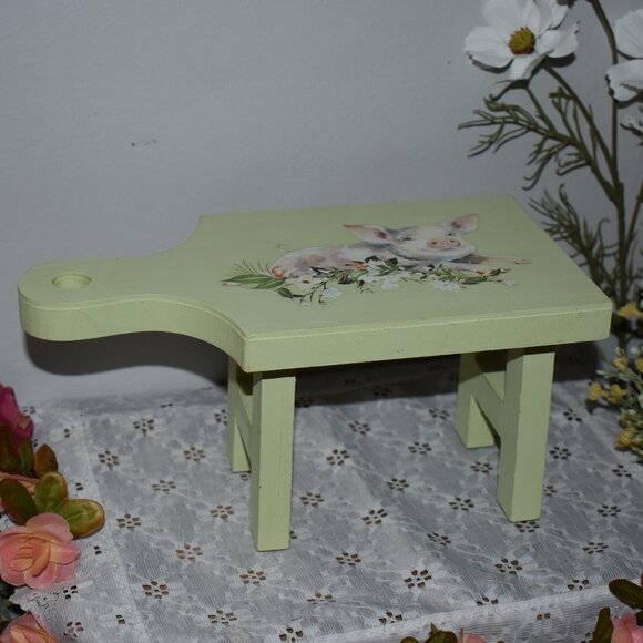 Handmade Pig Flowers Green Wood Riser Country Cottage Farmhouse Decor - Picture 10 of 13